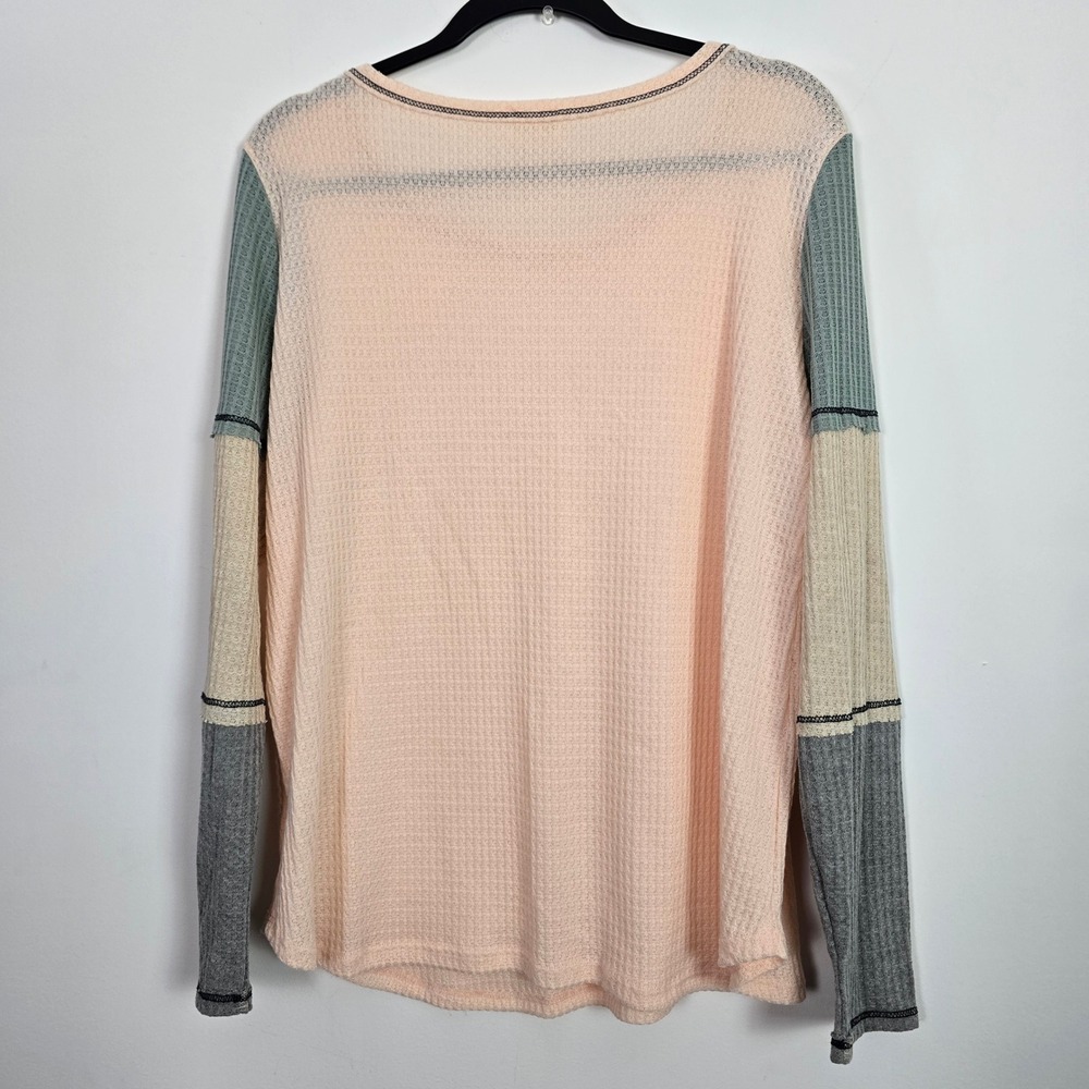BIBI Waffle Knit Top Women XL Peach Colorblock Thermal PastelStreetwear Gorpcore - Picture 6 of 11